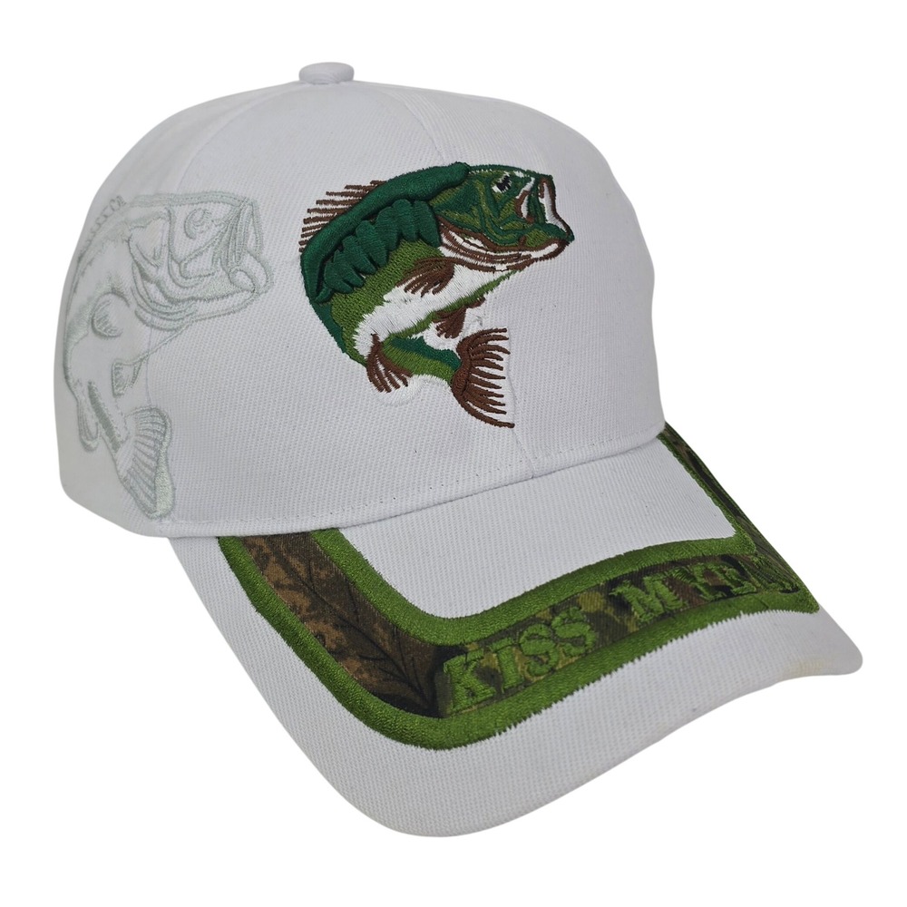 Kiss My Bass‎ Fishing Hat OSFA White Camo Embroidered Bass Cap R&M Headwear NWT